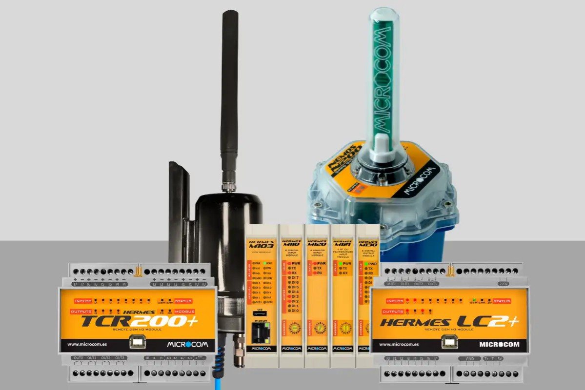Equipos Microcom de telemetría, módulos Hermes y TCR200 con sensor de nivel y antena