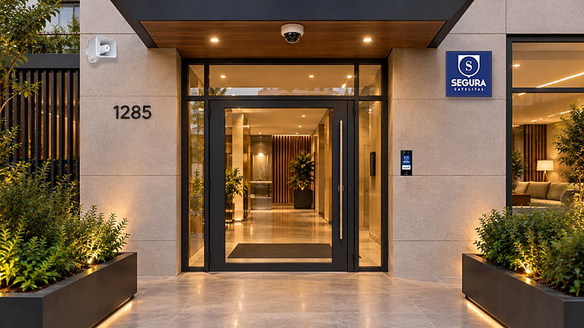 Entrada de un edificio con altoparlante, domo de video vigilancia, video portero e identificador de Segura